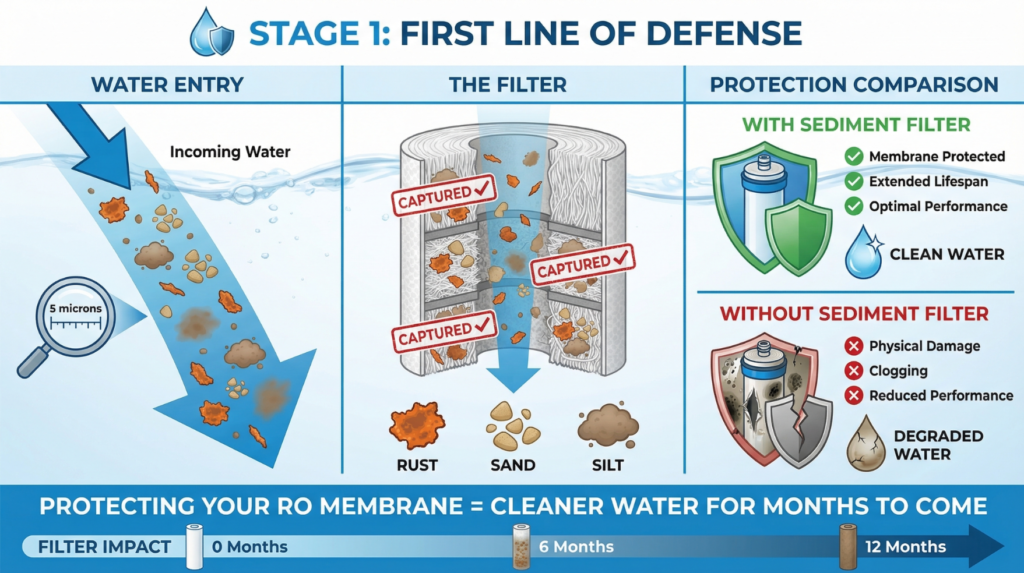 infographic demonstrating Stage 1: PP Sediment Filter of the Bluevua RO100ROPOT-UV 6-Stage Filtration System