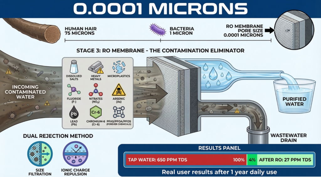 infographic demonstrating Stage 3 RO Membrane of the Bluevua RO100ROPOT-UV 6-Stage Filtration System